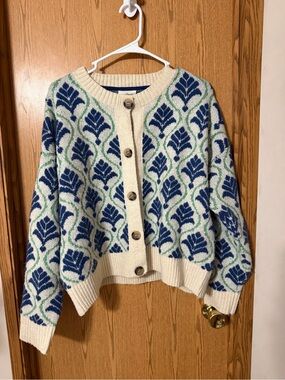 Umgee Blue Cream Pattern Knit Cardigan Sweater Size Small Button Front Coastal